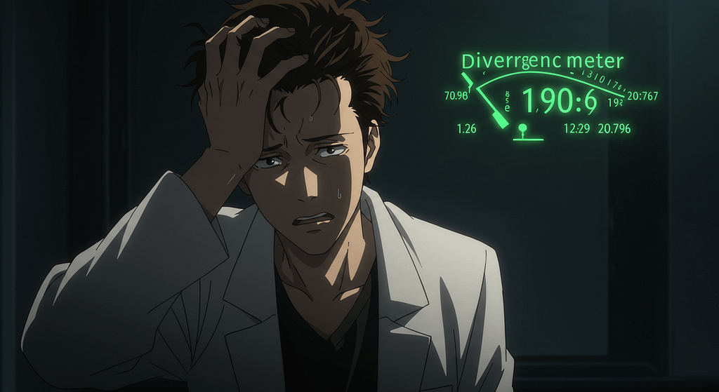 Rintaro Okabe clutching his head in distress, with the glowing numbers of the Divergence Meter in the background.