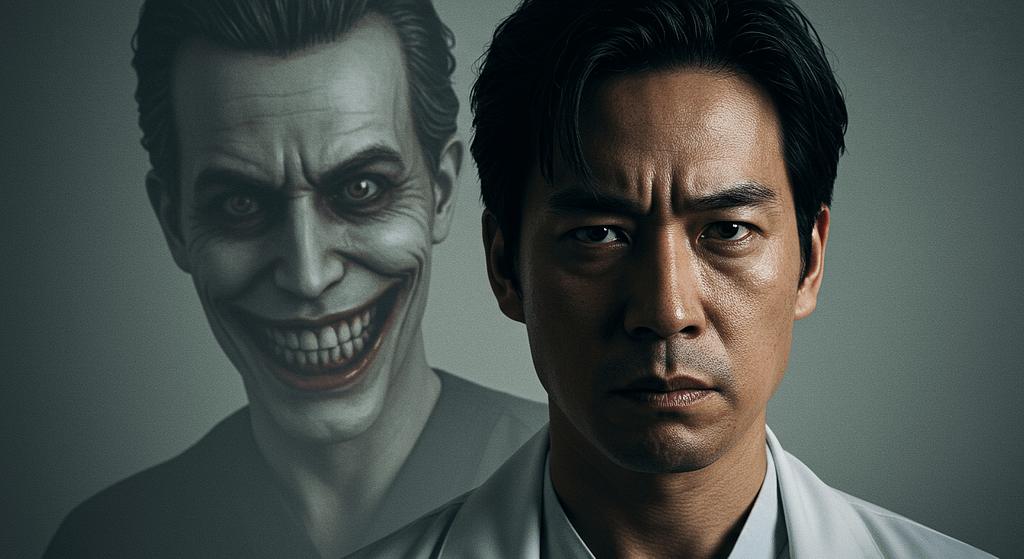 Dr. Kenzo Tenma looking determined and haunted, with the shadowy, smiling face of Johan Liebert looming behind him.