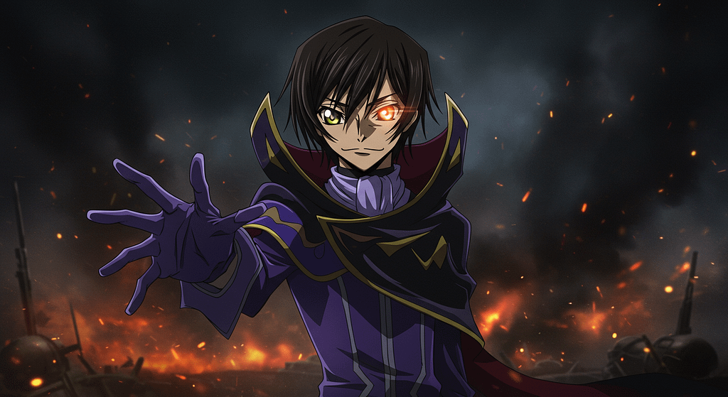 Lelouch vi Britannia in his Zero costume, one hand outstretched as the Geass sigil glows in his eye.