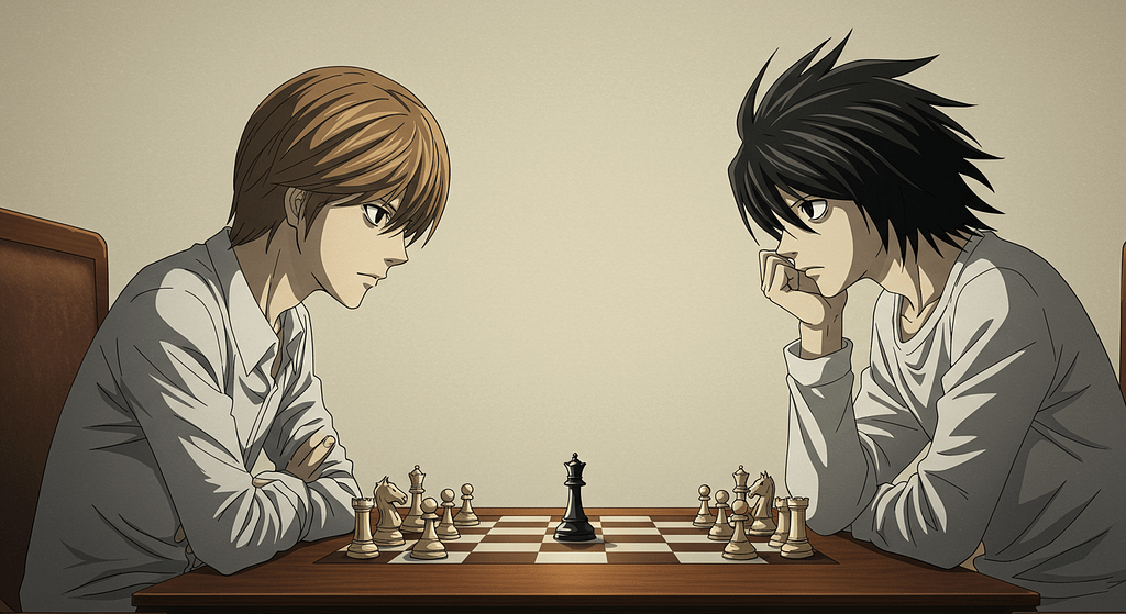 Light Yagami and L sitting opposite each other, with a single chess piece between them, their intense gazes locked.